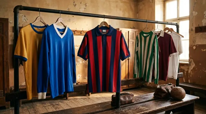 Vintage football jerseys hanging in a sunlit changing room